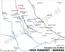 Situation am 22.März 1849 mit dem Einschwenken des 1. Corps nach Westen sowie dem allgemeinen Vormarsch Richtung Norden