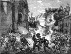 Die Vertreibung der Österreicher aus BOLOGNA am 8. August 1848 bei der Porta Galliera